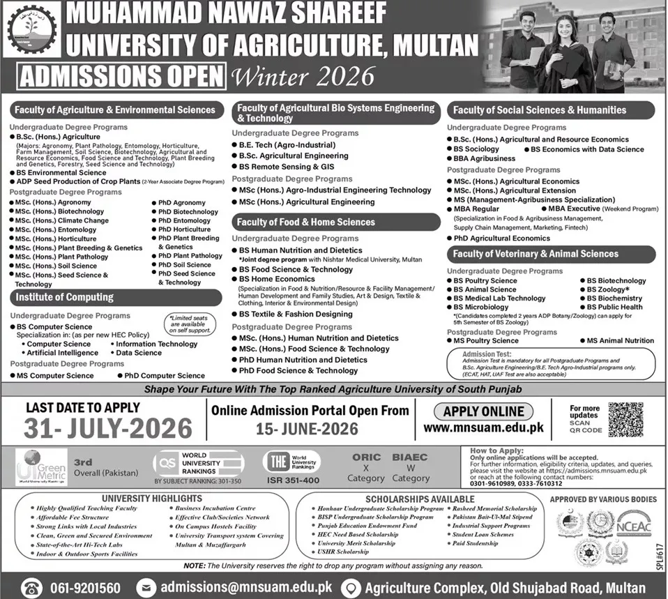 Nawaz Sharif Agriculture University Multan Admissions 2026 1 Nawaz Sharif