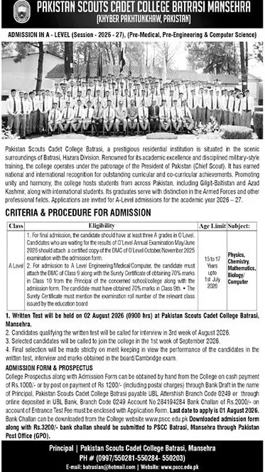 Pakistan Scouts Cadet College Batrasi Admission 2026 Form Entry Test Result 1 Cadet College