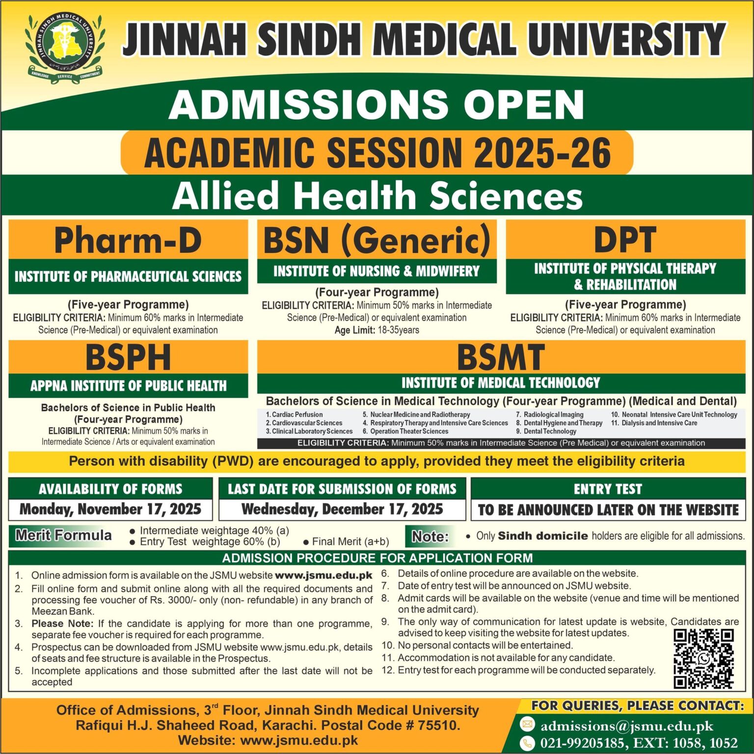 Jinnah Sindh Medical University Karachi JSMU Pharm D Admissions 2026-21 1 Medical University