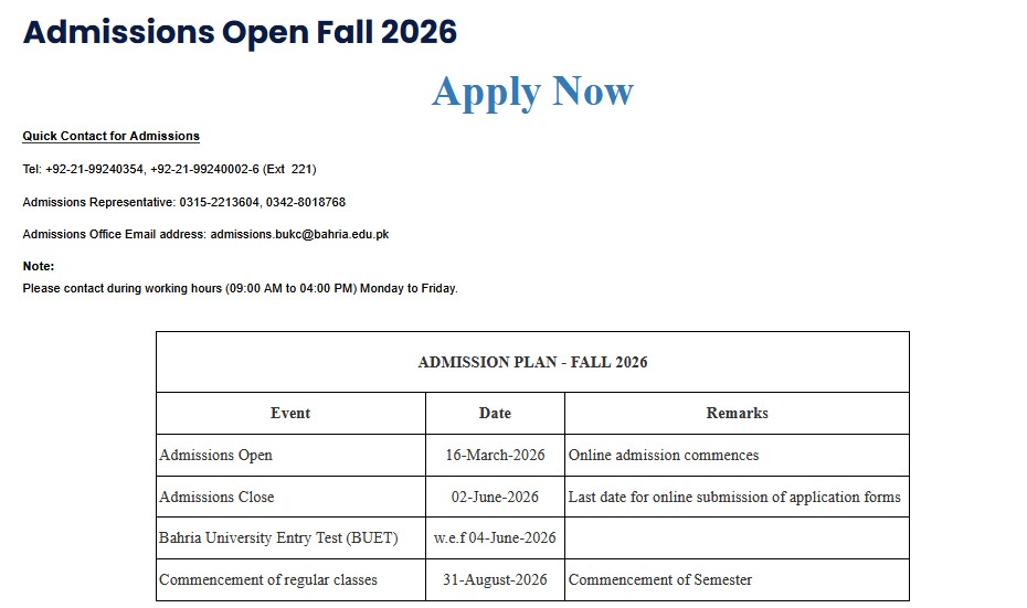 Bahria University Karachi Campus Admission 2026 Spring 1 admission
