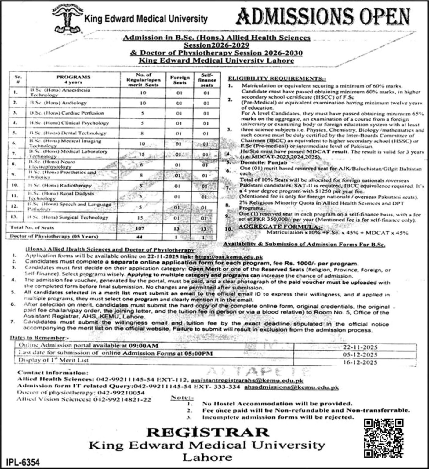 King Edward Medical College BSC Hons Admission 2026 1 King Edward