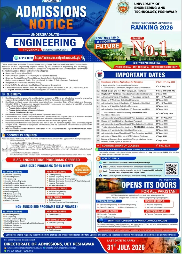 UET Peshawar Admission 2026 Undergraduate 1 UET Peshawar