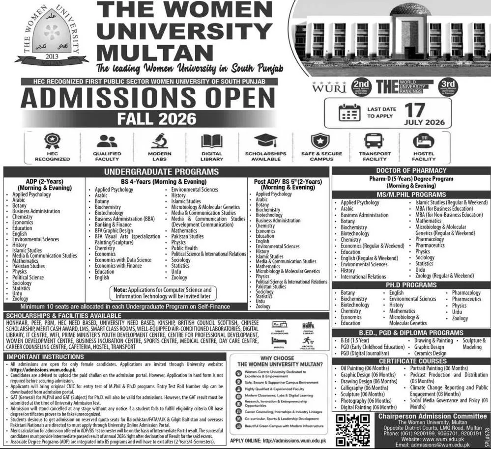 The Women University Multan Admission 2026 1 University
