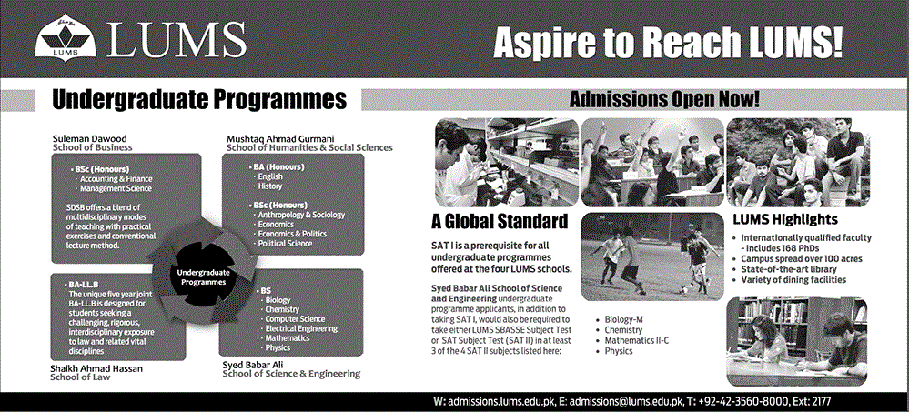 LUMS University Lahore Undergraduate Programs Admission 2015 Form Download