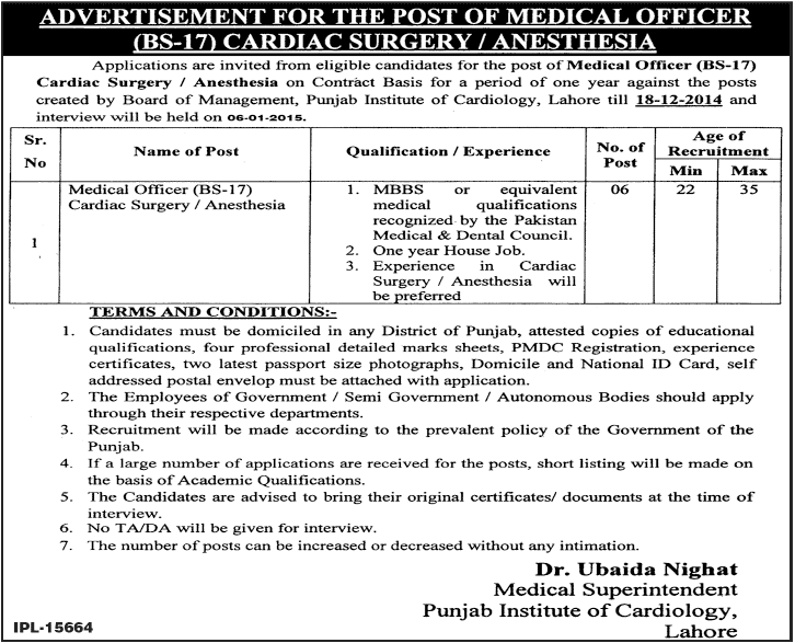 PIC Lahore Medical Officer BS-17 Cardiac Surgery Anesthesia Jobs 2014