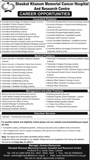 Shaukat Khanum Hospital Jobs In Lahore 2016