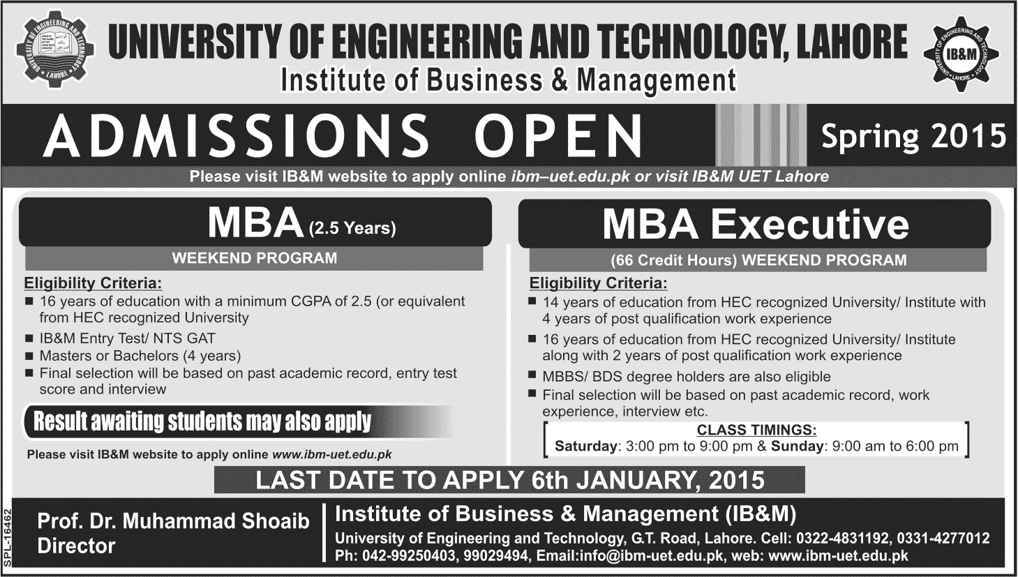 UET University Lahore MBA, Executive MBA Admission 2015 Form, Last Date