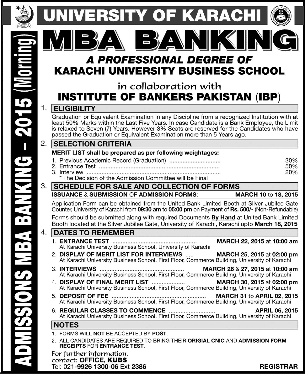 University Of Karachi UOK MBA Banking Admission 2017 Morning Form