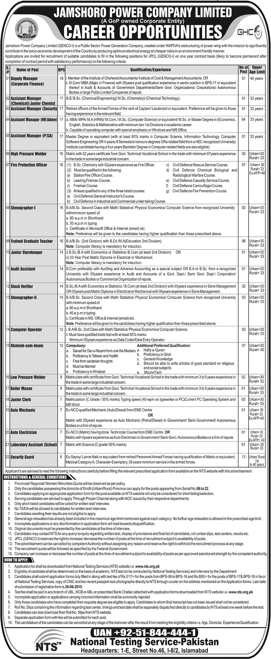 Jamshoro Power Company JPCL Jobs 2015 NTS Form GENCO Download