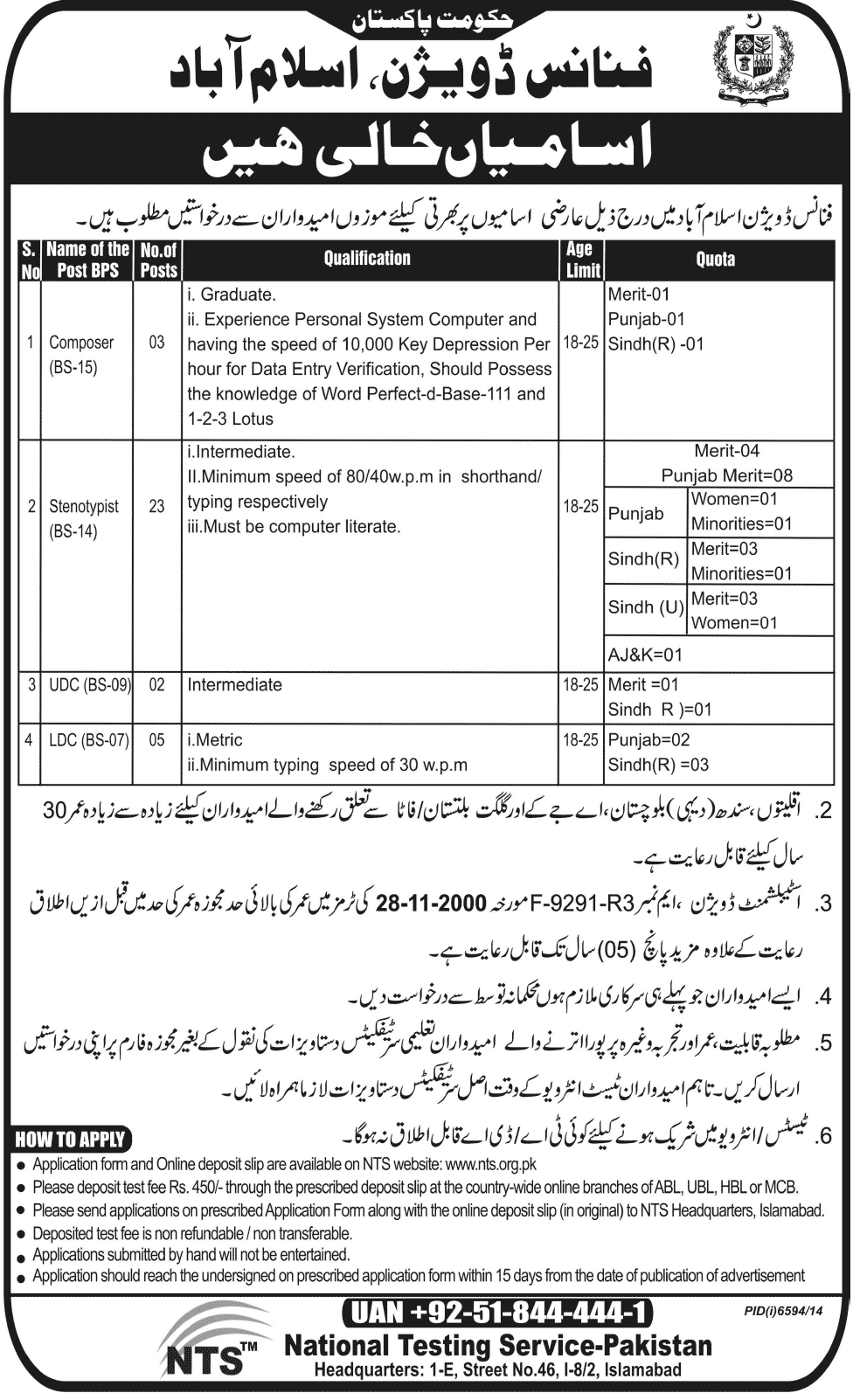 Finance Division Islamabad Jobs 2015 NTS Application Form Last Date