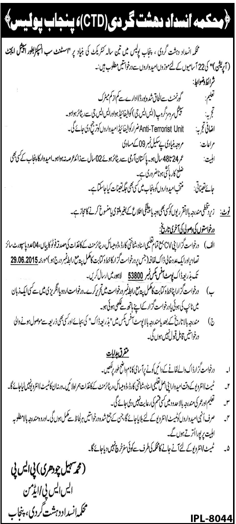 Punjab Anti Terrorism Force Assistant Sub Inspector ASI Jobs 2015