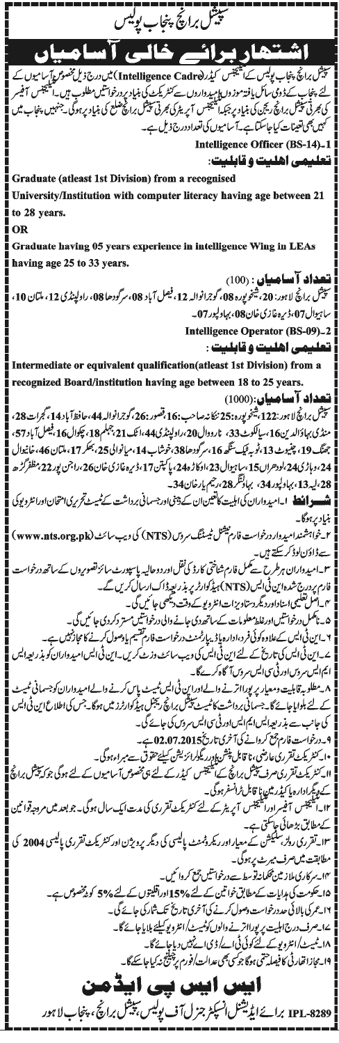 Punjab Police Special Branch Jobs 2015 Intelligence NTS Form Download Online