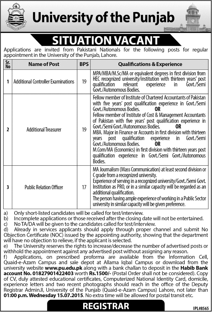 University Of The Punjab Lahore Jobs 2015 Eligibility, Form, Last Date