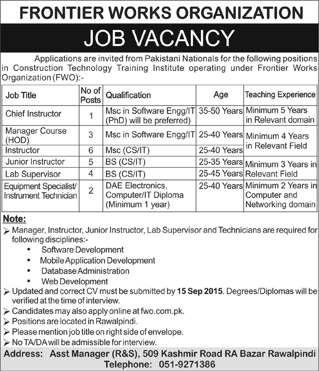 Frontier Works Organization Rawalpindi Jobs 2015 Application Form, Last Date