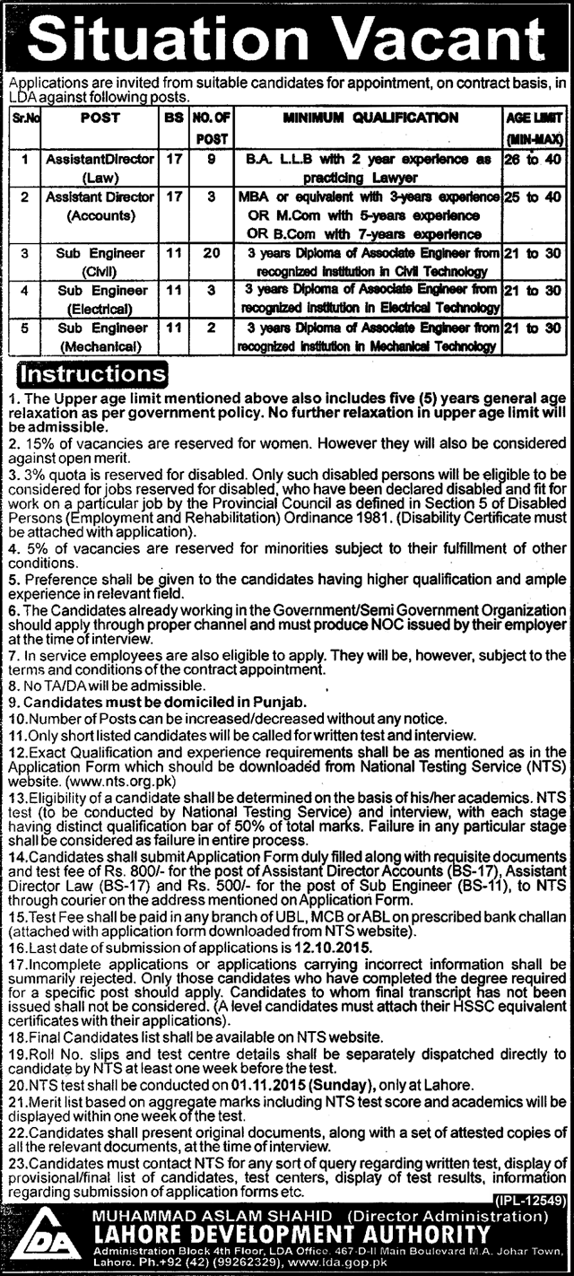 LDA Lahore Jobs 2015 Assistant Director, Sub Engineer NTS Application Form, Last Date