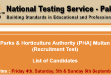 PHA Multan NTS Test Result 2015 Parks & Horticulture Authority 4th 5th 6th September Answer Keys