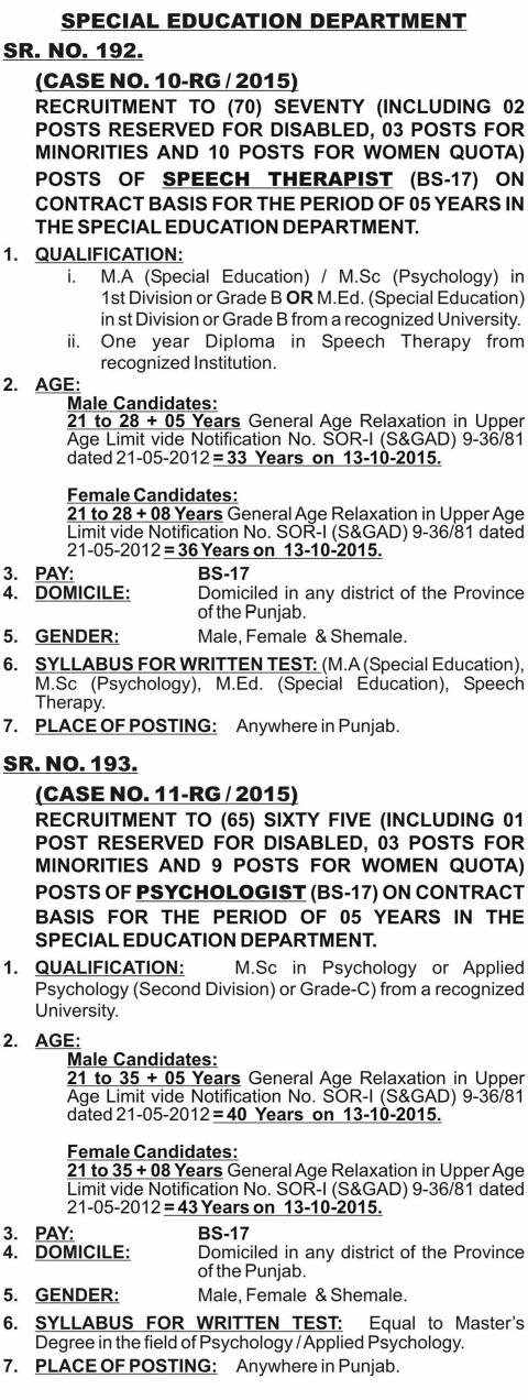 PPSC Special Education Department Speech Therapist, Psychologist Jobs 2015 Apply Online