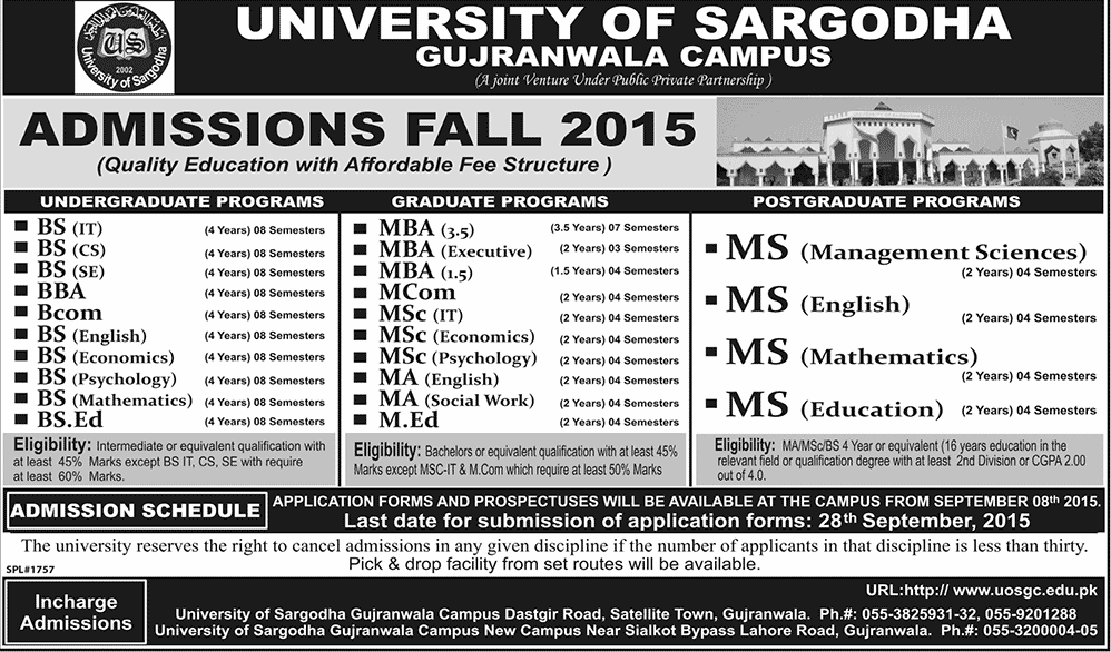 University of Sargodha Gujranwala Admissions Fall 2015 BS MS Form, Last Date