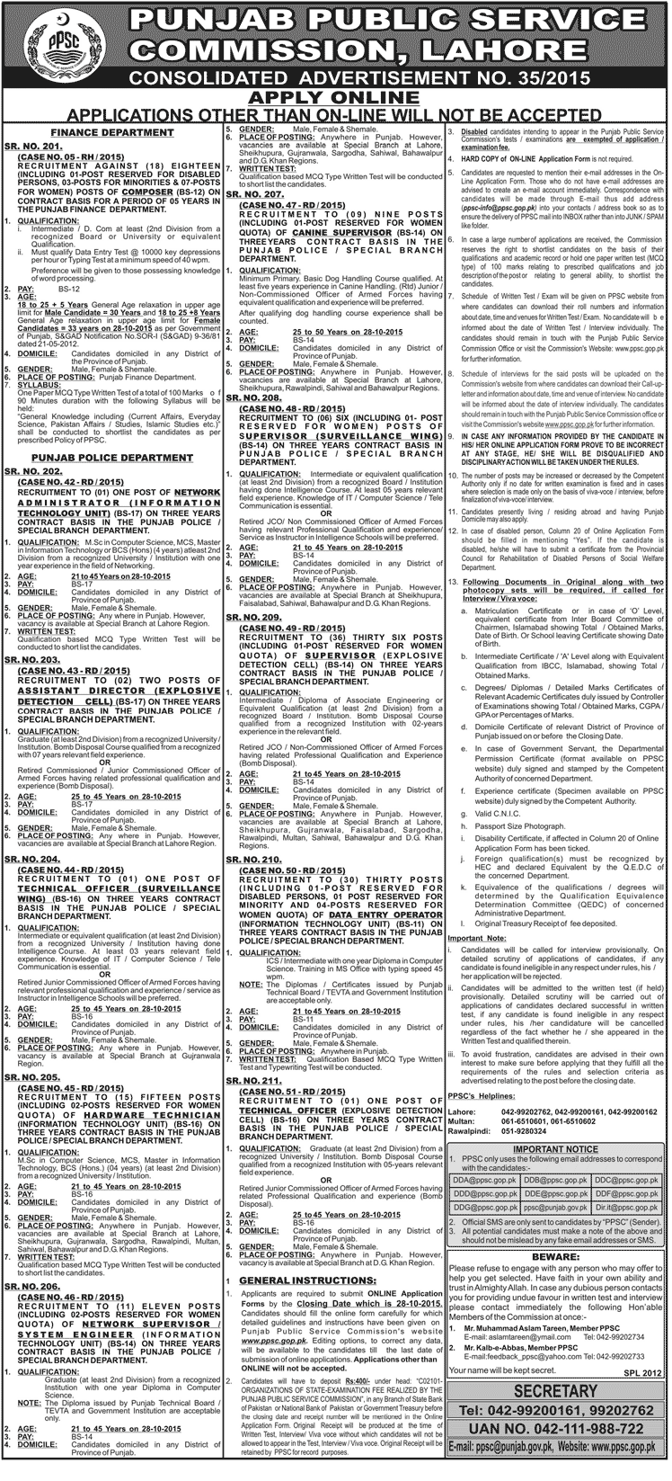 Punjab Police Department Jobs 2015 PPSC Online Apply Date