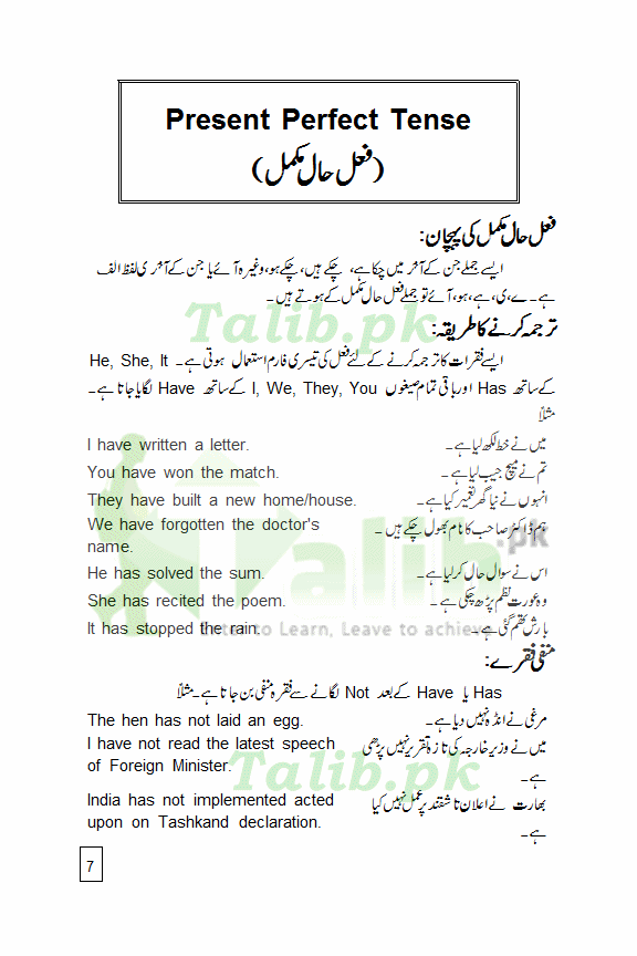 Present Perfect Tense Exercises In Urdu To English Examples