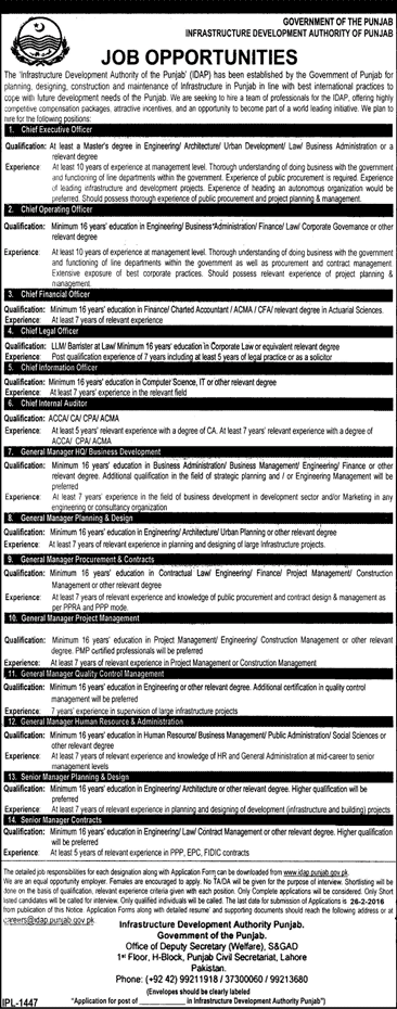 Govt Infrastructure Development Authority Punjab IDAP Jobs 2016 Application Form Date