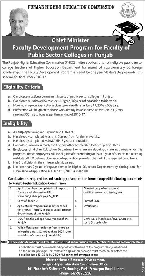 Chief Minister Punjab Colleges Faculty Development Program 2016 Application Form