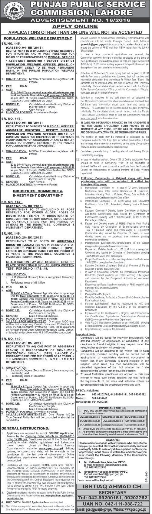 PPSC Medical Officer Jobs 2016 Population And Welfare Department Online Registration