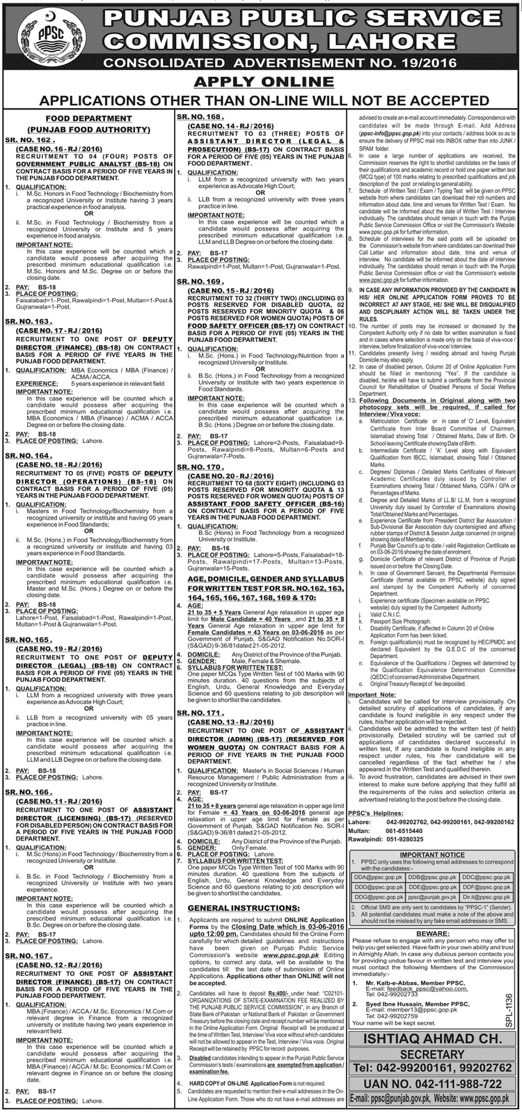PPSC Assistant Food Safety Officer Jobs 2016 Apply Online Test Syllabus