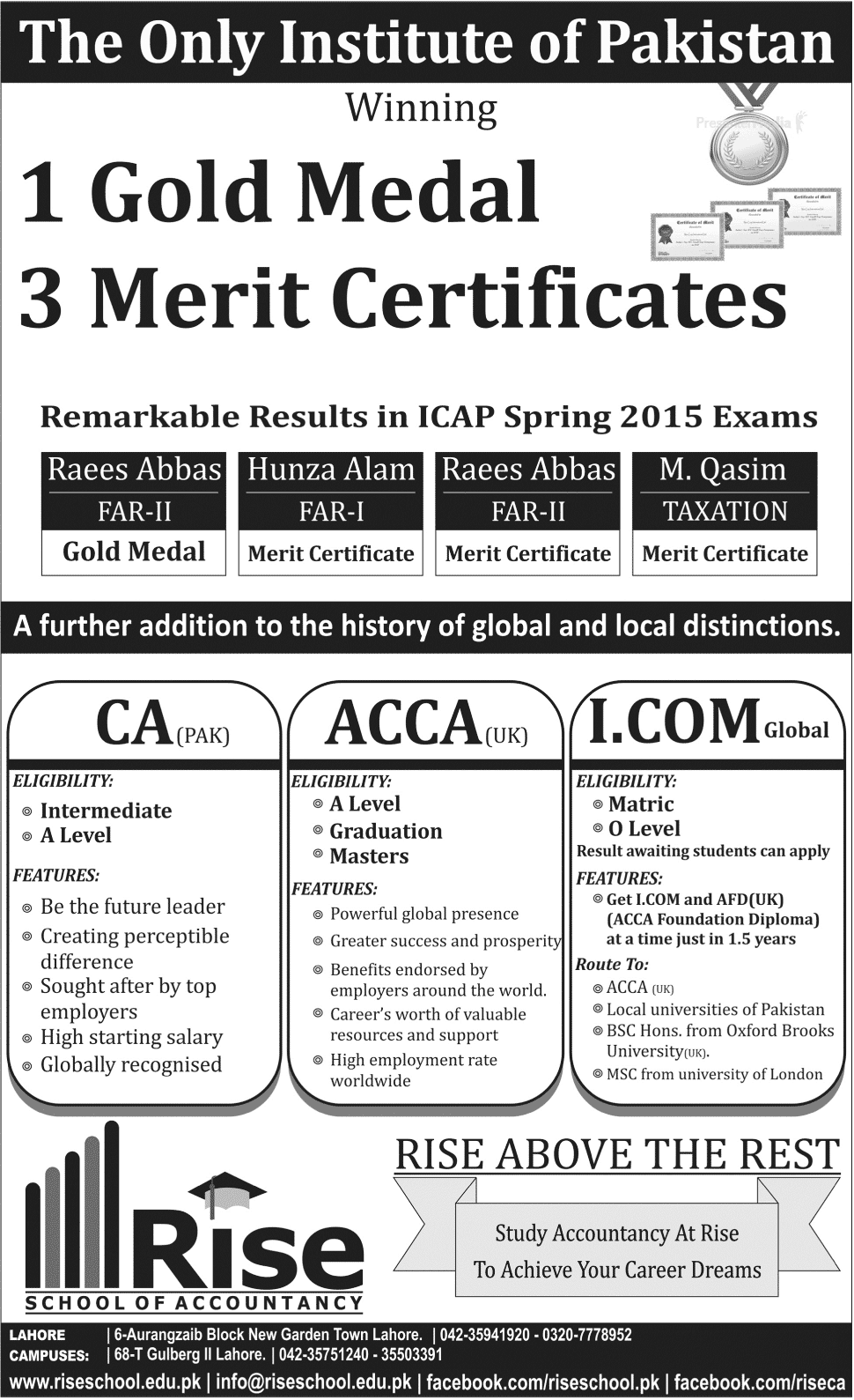 Rise School Of Accountancy Lahore CA, ACCA Admission 2017 Form, Fee