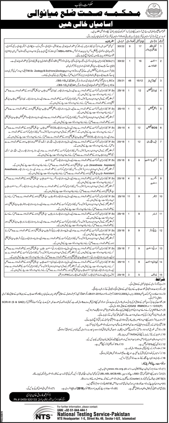 Health Department Mianwali Jobs 2016 NTS Application Form, Eligibility