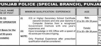 Special Branch Punjab Police Jobs 2026 PPSC 8 PPSC data entry operator jobs in Punjab Police