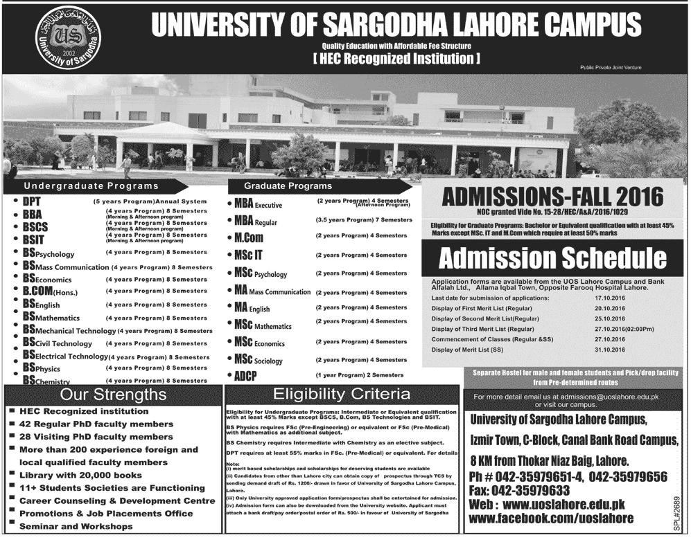 University Of Sargodha UOS Lahore Campus Admissions 2026 Form Online Apply Date