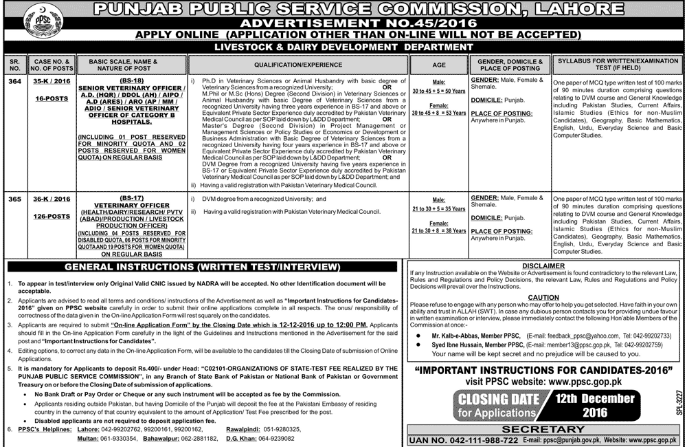 PPSC Livestock & Dairy Department Jobs 2016 Veterinary Officer Apply Online