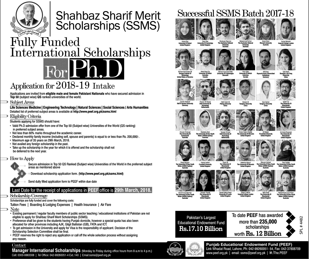Shahbaz Sharif Merit Scholarship 2026 - 19 For PhD SSMS Application Form Date