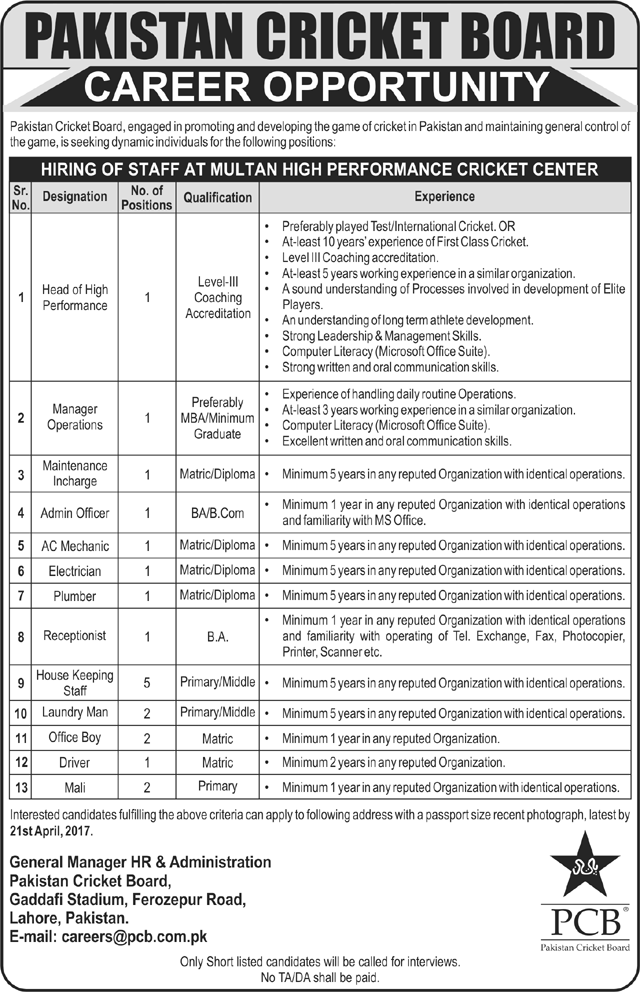 Pakistan Cricket Board Jobs 2017 PCB Application Form, Last Date
