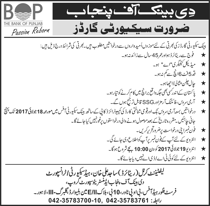 The Bank Of Punjab BOP Security Guard Jobs 2017 Application Form, Interview, Last Date