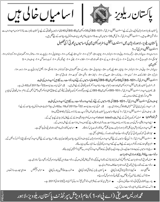 Pakistan Railways Assistant Station Master, Cabin Man Jobs 2017 Form, Last Date