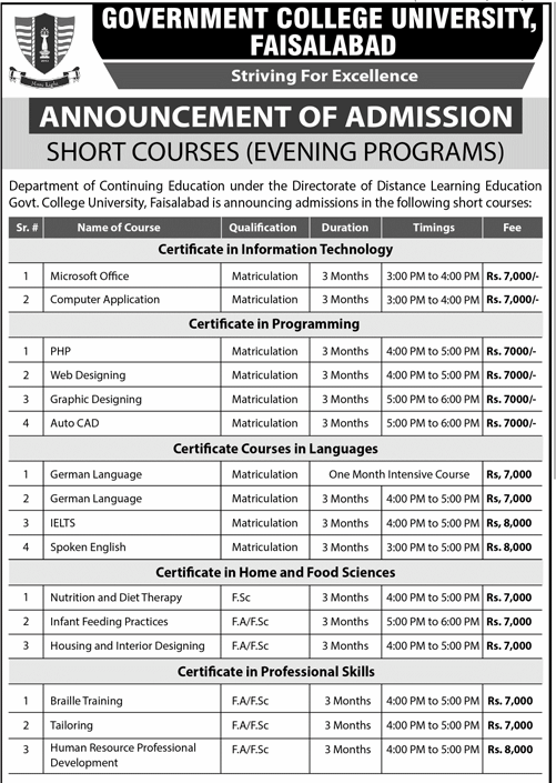 GC University Faisalabad Short Courses Admissions 2026
