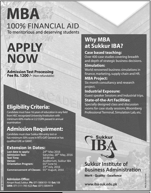 IBA Sukkur MBA Admission 2026 Form Last Date Entry Test