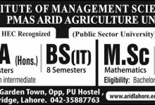 Arid Institute Of Management Sciences Lahore Admission 2026 PMAS application form last date