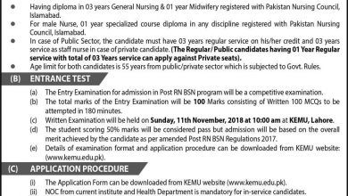 KEMU Lahore Nursing Admissions 2026 Post RN BSN Form, Last Date