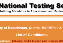 University Of Balochistan NTS Result 2026 For MS MPhil PhD