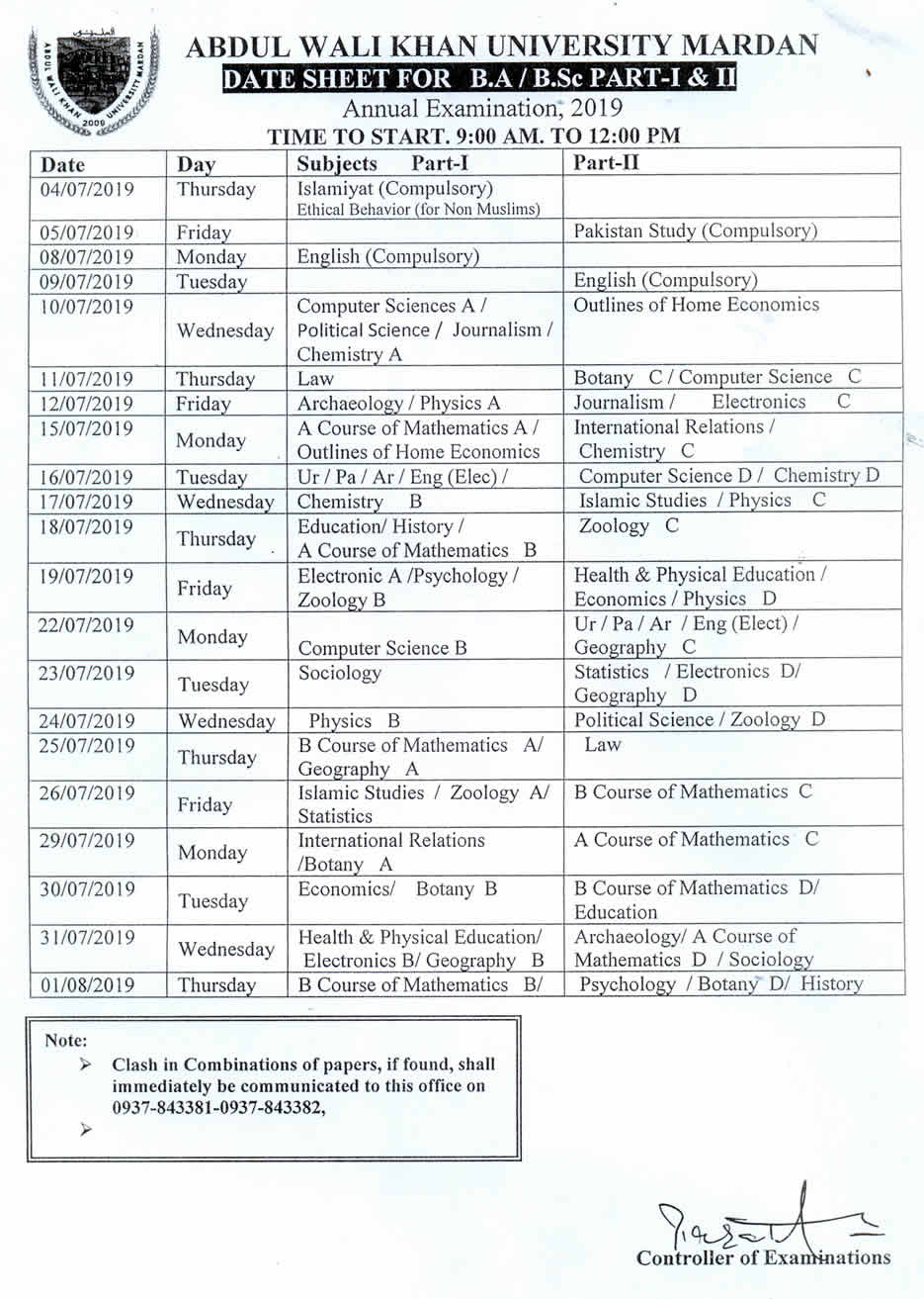 AWKUM BA BSc Date Sheet 2019 Part 1 2 Download Online