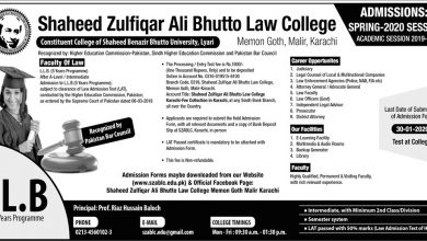 Shaheed Zulfiqar Ali Bhutto Law College Admission 2026