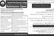 Central Park Nursing College Lahore Admission 2026